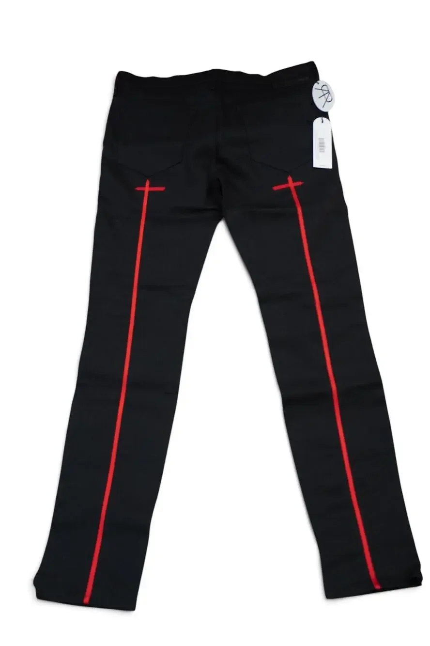 RTA Bryant I Jeans Men 34x32 Black Slim Straight Red Cross Embroidered Denim NWT